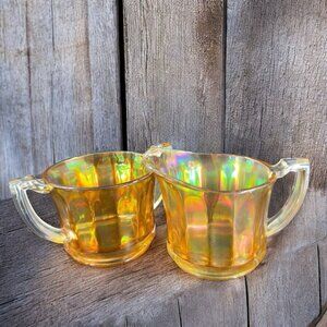 Marigold Carnival Glass Creamer and Double Handled Open Sugar Set Glassware VTG